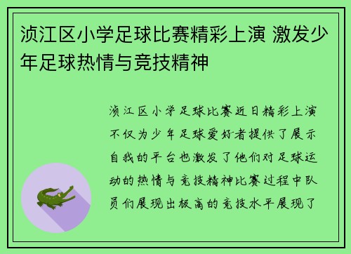 浈江区小学足球比赛精彩上演 激发少年足球热情与竞技精神