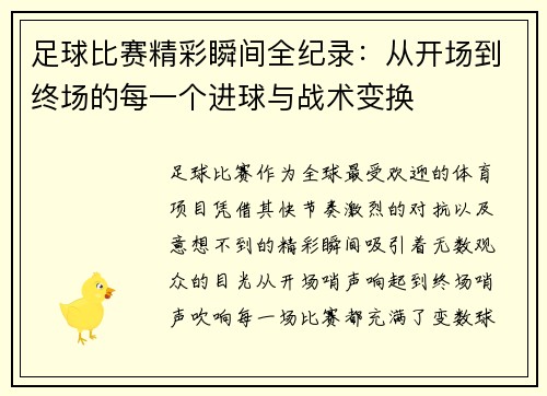 足球比赛精彩瞬间全纪录：从开场到终场的每一个进球与战术变换