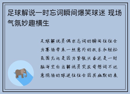 足球解说一时忘词瞬间爆笑球迷 现场气氛妙趣横生