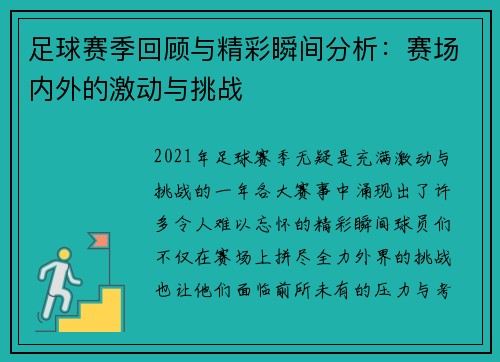 足球赛季回顾与精彩瞬间分析：赛场内外的激动与挑战