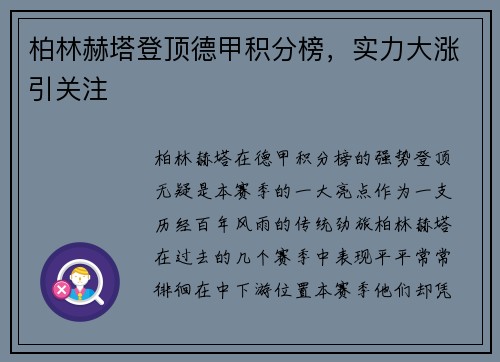 柏林赫塔登顶德甲积分榜，实力大涨引关注
