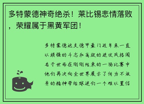 多特蒙德神奇绝杀！莱比锡悲情落败，荣耀属于黑黄军团！