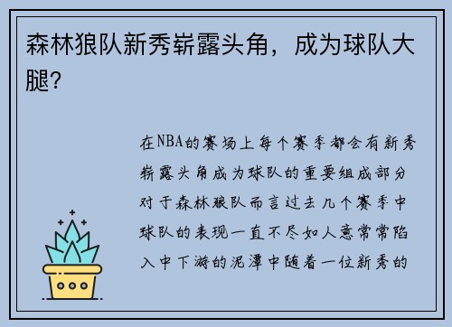 森林狼队新秀崭露头角，成为球队大腿？