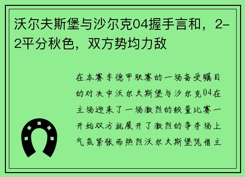 沃尔夫斯堡与沙尔克04握手言和，2-2平分秋色，双方势均力敌