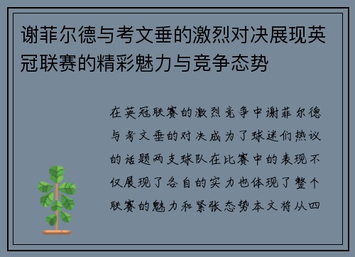 谢菲尔德与考文垂的激烈对决展现英冠联赛的精彩魅力与竞争态势