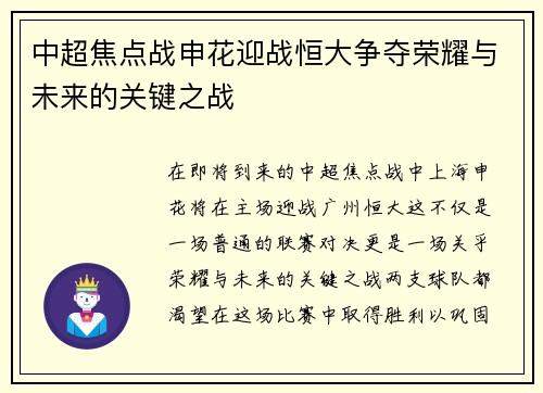 中超焦点战申花迎战恒大争夺荣耀与未来的关键之战