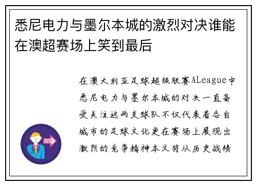 悉尼电力与墨尔本城的激烈对决谁能在澳超赛场上笑到最后