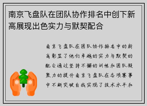 南京飞盘队在团队协作排名中创下新高展现出色实力与默契配合