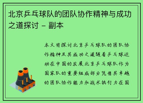 北京乒乓球队的团队协作精神与成功之道探讨 - 副本